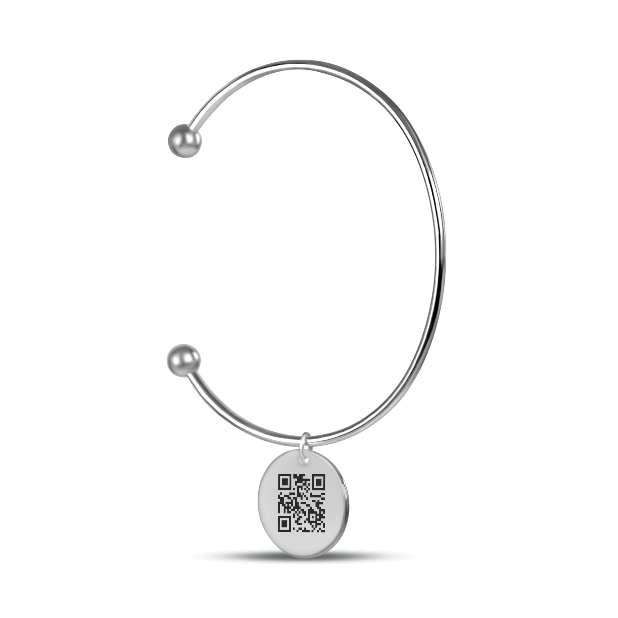 A stainless steel bangle with a hanging coin, engraved with a QR code.
