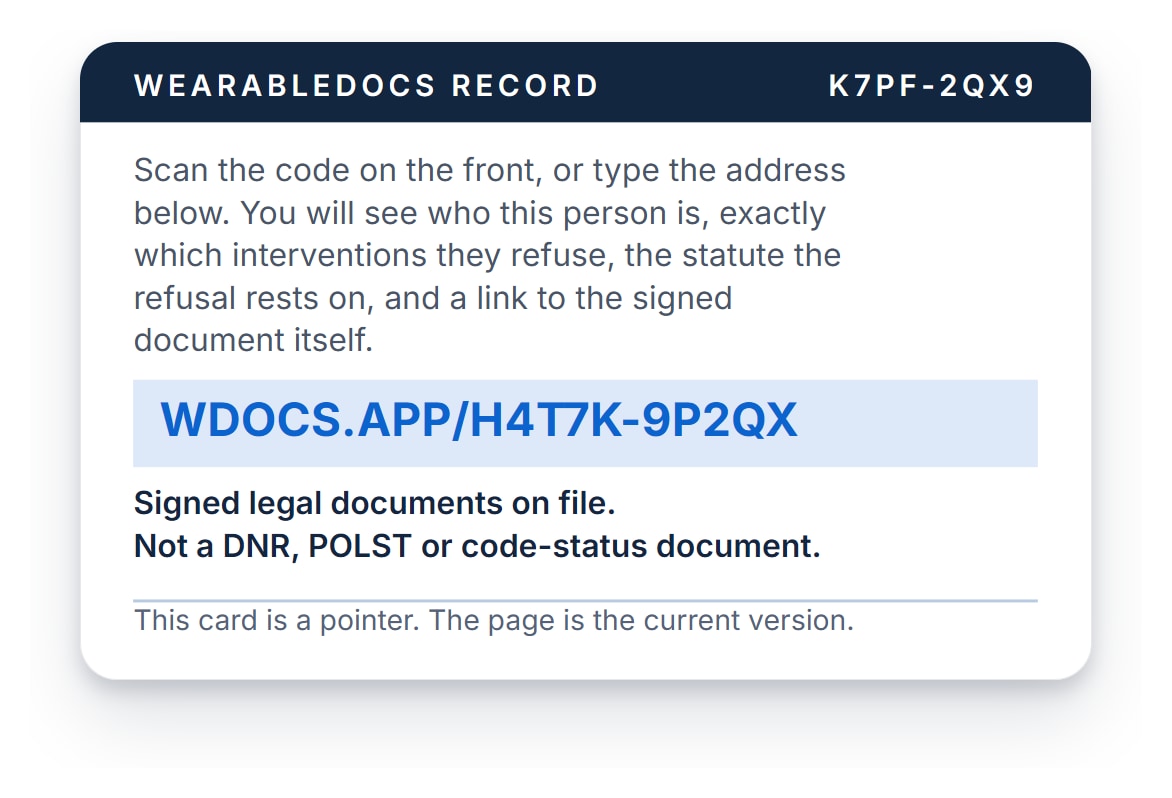 The back of the printed wallet card, with the address to type if the QR code will not scan.