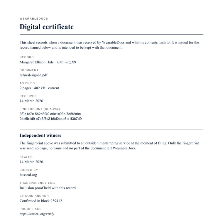 A digital certificate for a sample holder, showing the date received, the SHA-256 fingerprint, and the independent seal with its Bitcoin block