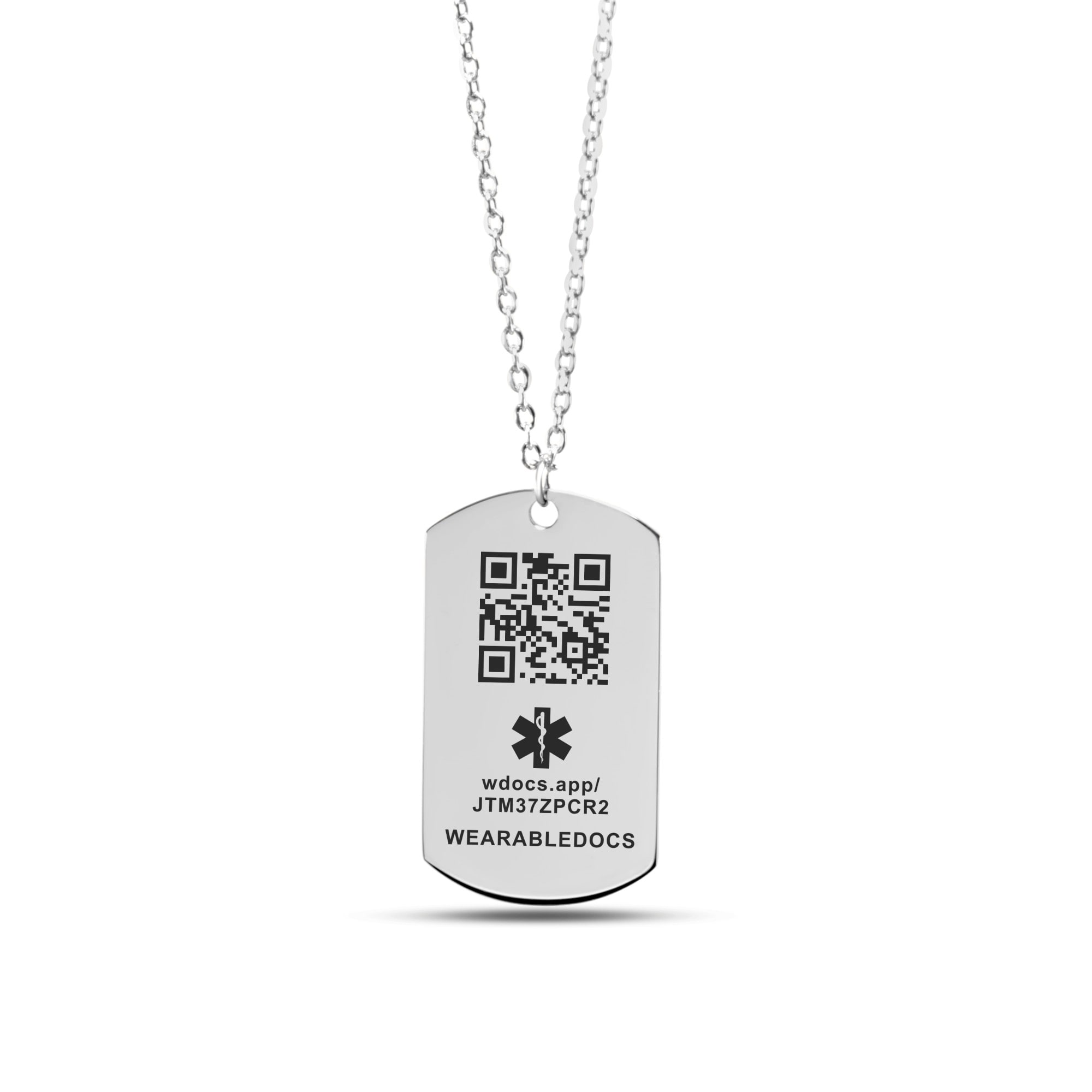 A stainless steel tag pendant on a chain, engraved with a QR code